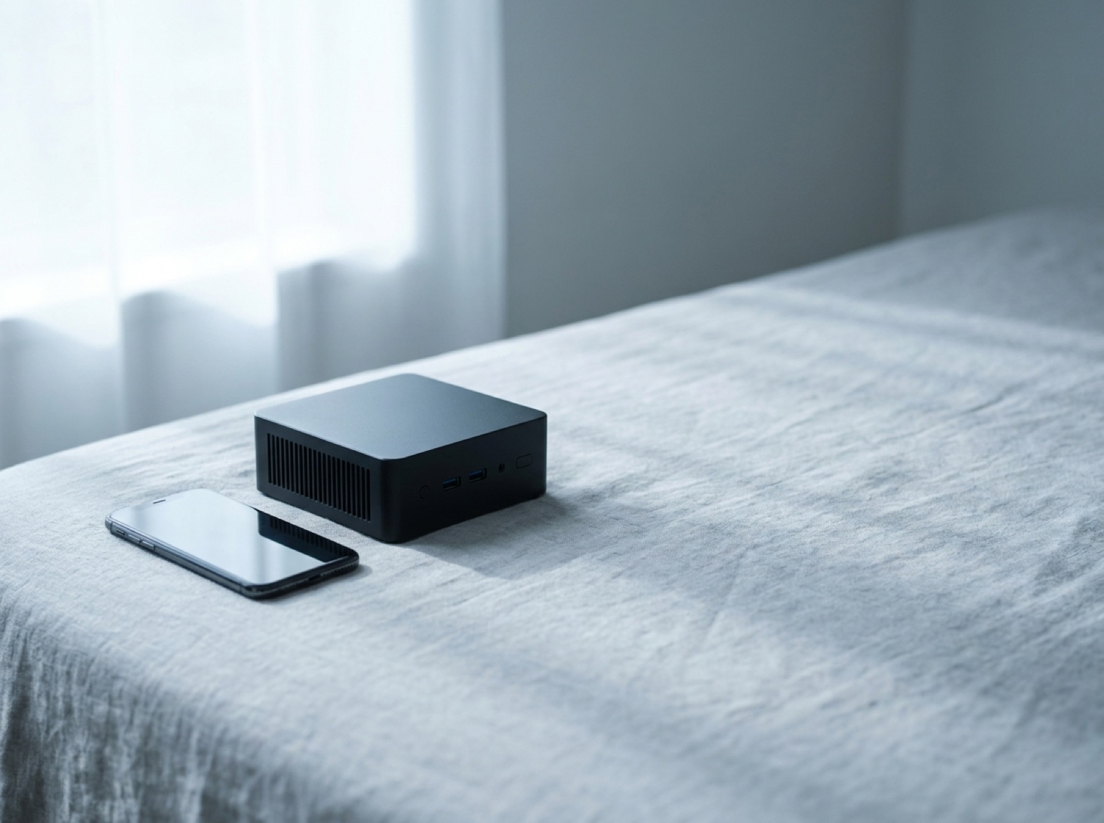 A small black mini PC on a desk beside a phone showing a chat conversation